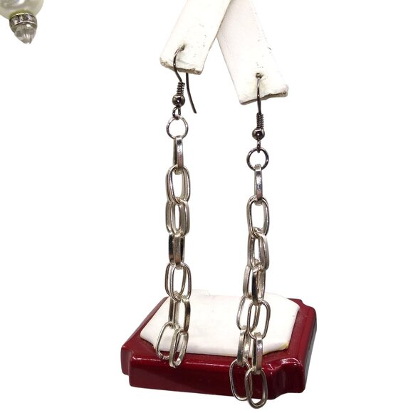 Retro Chain Punk Parure, Elongated Links in Silver Tone, Vintage Jewelry Set - Picture 2 of 5